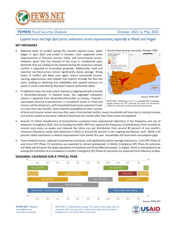 Yemen Food Security Outlook Update October 2022 to May 2023 - Yemen
